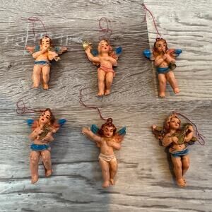 Vintage Made in Italy Cherub Angel Christmas Ornaments Set 2.5” Hand Painted